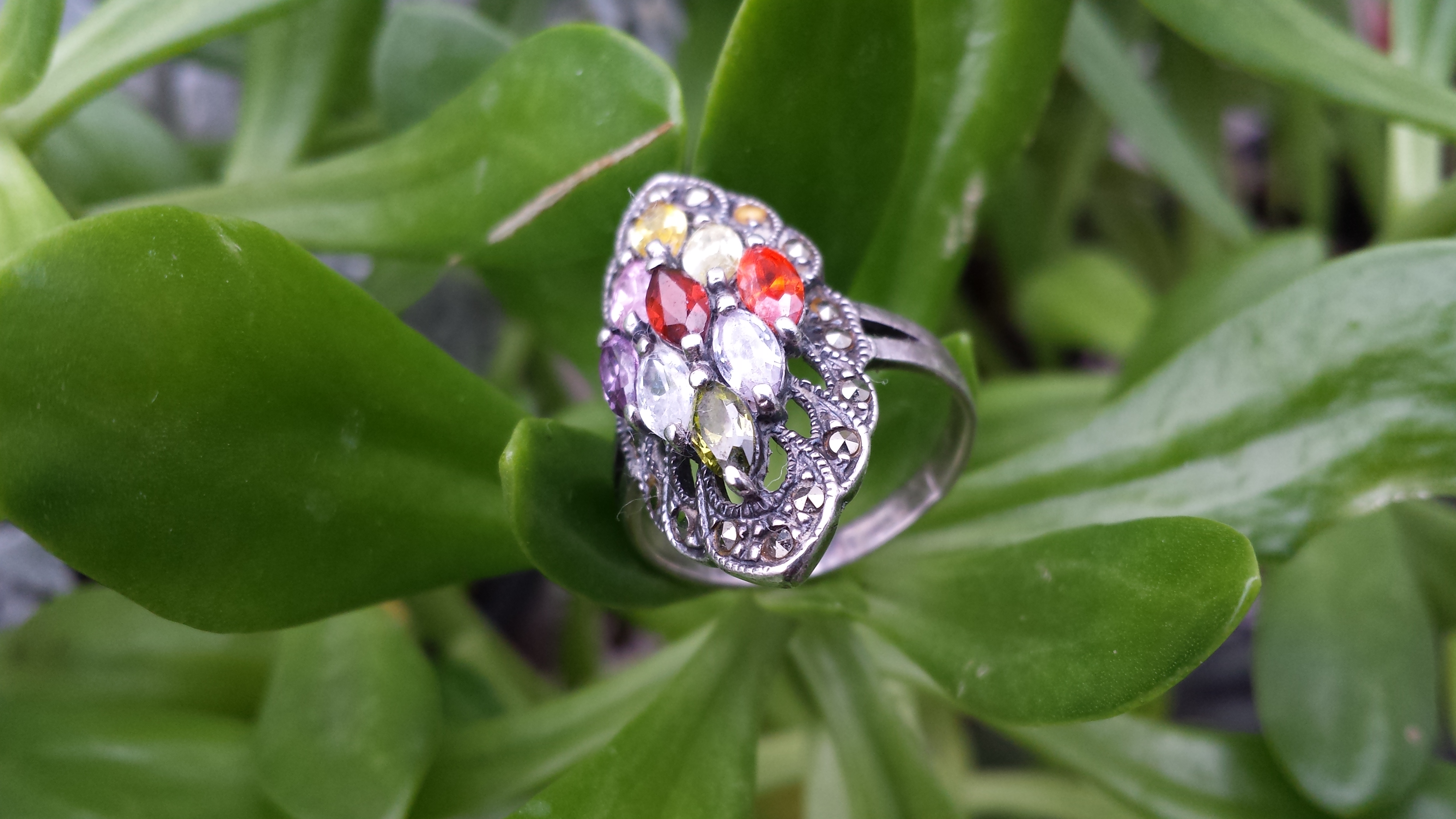 WONDERFUL MARCASITE WITH MULTI COLOUR CUBIC ZIRCONIA RING.